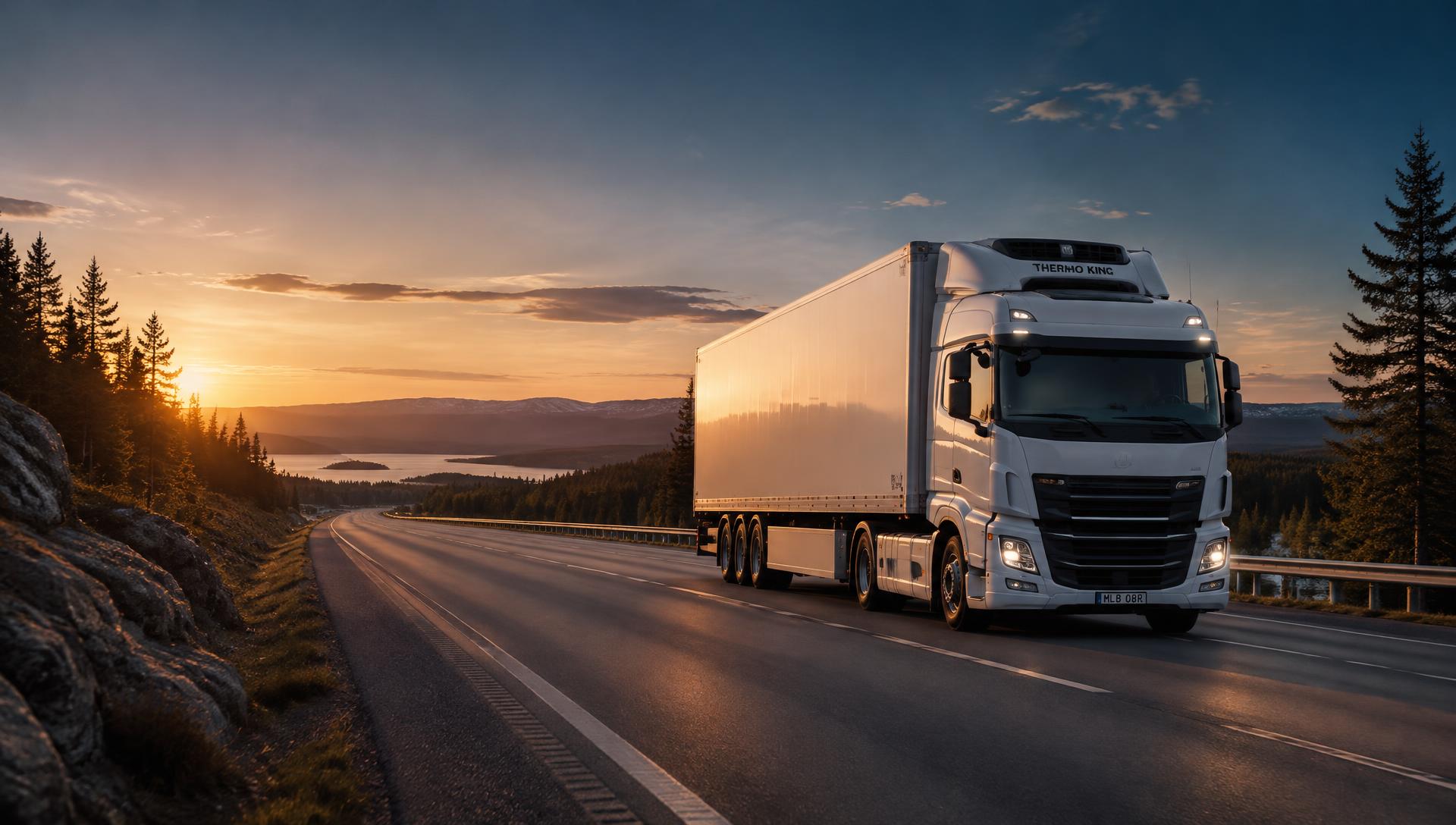 Truck on a Scandinavian highway at sunset